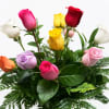 Colorful roses arranged in a low bouquet with fern foliage