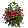 Red rose standing spray with an angel statue in the center