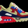 Nike sneaker-shaped decorative piece with red, blue, white, and cream textures