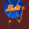 Mets-themed floral tribute with a blue circular sign and orange ribbon accents
