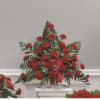 Red carnation arrangement with ribbon and greenery