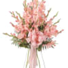 Pink gladiolus standing spray with a satin ribbon