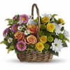 Basket of pink, orange, and yellow roses with white daisies
