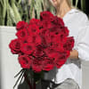 Woman holding a large bouquet of red roses