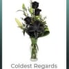 Black roses in a clear glass vase with the words "Coldest Regards" below