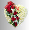 Heart-shaped floral arrangement with red roses and white chrysanthemums