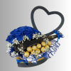 Blue rose bouquet with chocolates and a heart-shaped frame