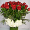 2 doz long stem roses with hydrangea in tall vase 