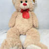 Plush teddy bear with a red bow and heart tag