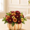 Mixed chrysanthemums arranged in a pumpkin-shaped container