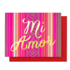Decorative card with "Mi Amor" in gold script on a pink striped background