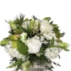 White and green floral arrangement in a tall vase