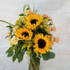 Select this large vase of sunflowers and peach spray roses.