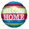 Choose this red, green, and blue stripped balloon with the writing 'Welcome