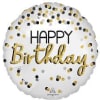 Round white birthday balloon with gold and black confetti text