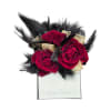 Three deep red spray roses clustered tightly create a bold, fashion-forward pocket