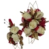 Creamy white spray roses framed with metallic gold leaves and deep red