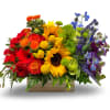 Colorful mixed bouquet in a wooden box with sunflowers and roses