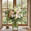 A refined and delicate blend of soft ivory, blush, and peach blooms
