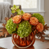 Low orange glass pumpkin vase with peach roses, green hydrangeas, and a green orchid bloom