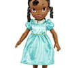 A doll wearing a turquoise dress and black shoes