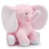 Pink plush elephant toy with white ears and feet