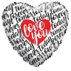 Heart-shaped foil balloon with "love you" text and repeating "today forever" pattern
