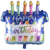 Birthday cake-shaped foil balloon with candles and "Happy birthday" text