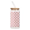 Clear glass tumbler with pink checker pattern, bamboo lid, and straw