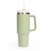 Pale green insulated tumbler with a handle and straw lid