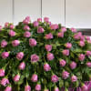 Large arrangement of pink roses over dense greenery