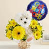 White flower dog arrangement with yellow daisies and a "Get Well Soon!" balloon