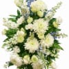 White and blue floral standing spray with chrysanthemums and roses