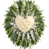 Heart-shaped white rose funeral spray with white flowers and greenery