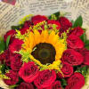 Bouquet of red roses with a sunflower center