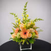 Peach gerbera daisies and roses in a square glass vase
