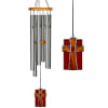 Two hanging wind chimes with red and orange glass gift shapes