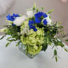 Low arrangement of green hydrangeas, blue delphinium, and white blooms in a clear glass cube vase