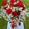 Red roses and carnations with white alstroemeria in a glass vase
