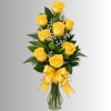 Yellow roses arranged in a clear glass vase with a yellow ribbon bow.