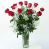Red roses and baby's breath in a tall glass vase