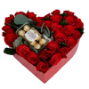 A lush cluster of tightly packed red roses arranged inside a pink