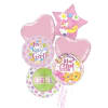 Cluster of pink baby girl balloons with heart and star shapes
