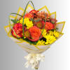 Bouquet of orange roses and yellow chrysanthemums wrapped in cream paper