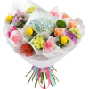 A large pale blue hydrangea crown takes center stage in this mixed