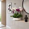 White and purple orchids arranged in a white bowl on a cabinet