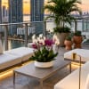 Potted orchids on a rooftop patio with city and water views at sunset