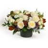 Low arrangement of cream roses with brown seed pods in a dark cylinder vase