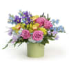 Soft roses and pastel blooms with airy delphinium, arranged with fresh greenery