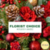 Holiday mixed arrangement with red roses and pinecones